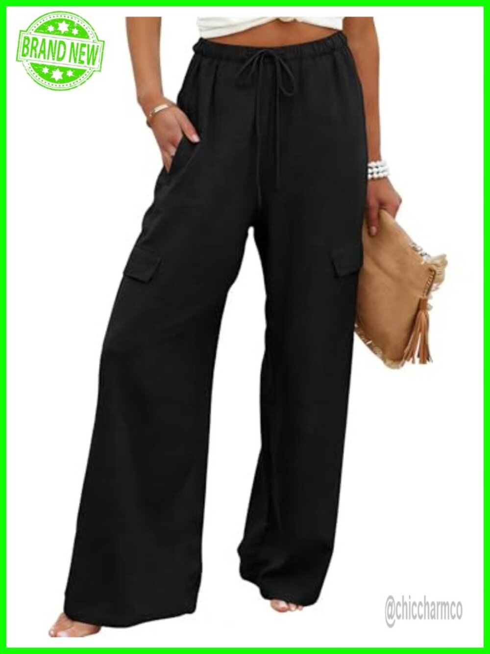 Womens Cotton Linen Wide Leg Palazzo Pants Drawstring High Waist Lounge